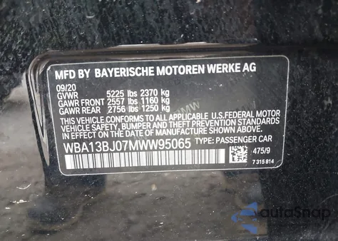 2021 BMW 530I xDrive from USA, damaged, VIN WBA13BJ07MWW95065